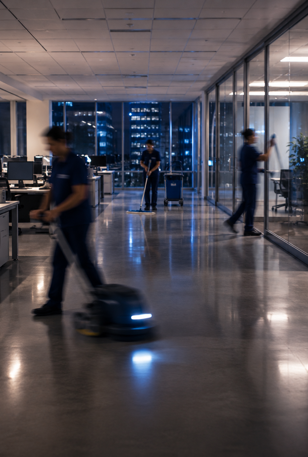 cleaning crew in motion at night