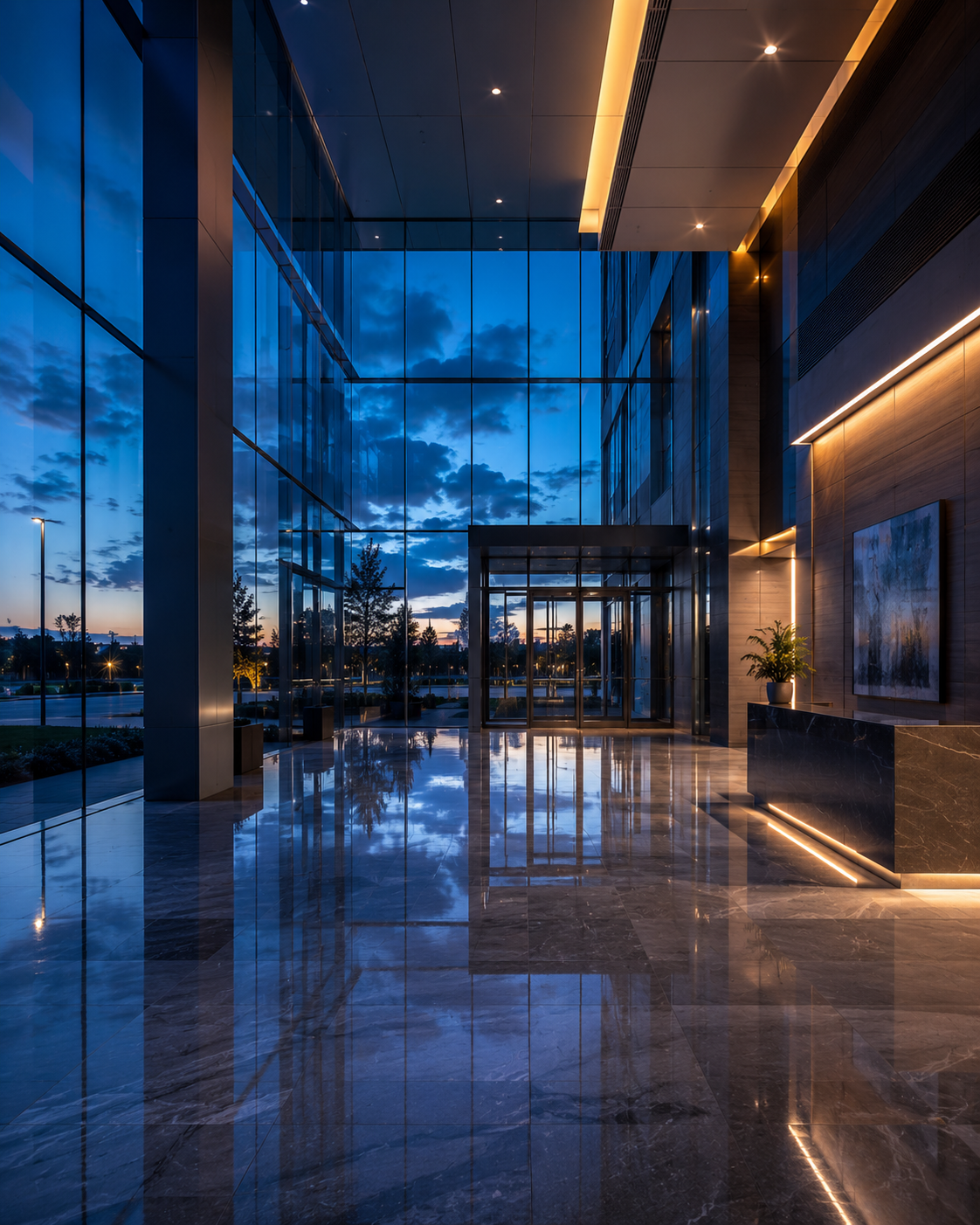 office lobby at dusk
